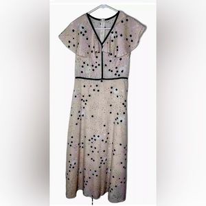 SHEIN Maxi Dress Small Pink Black Polka Dot V Neck Ruffle Sleeveless Cottagecore